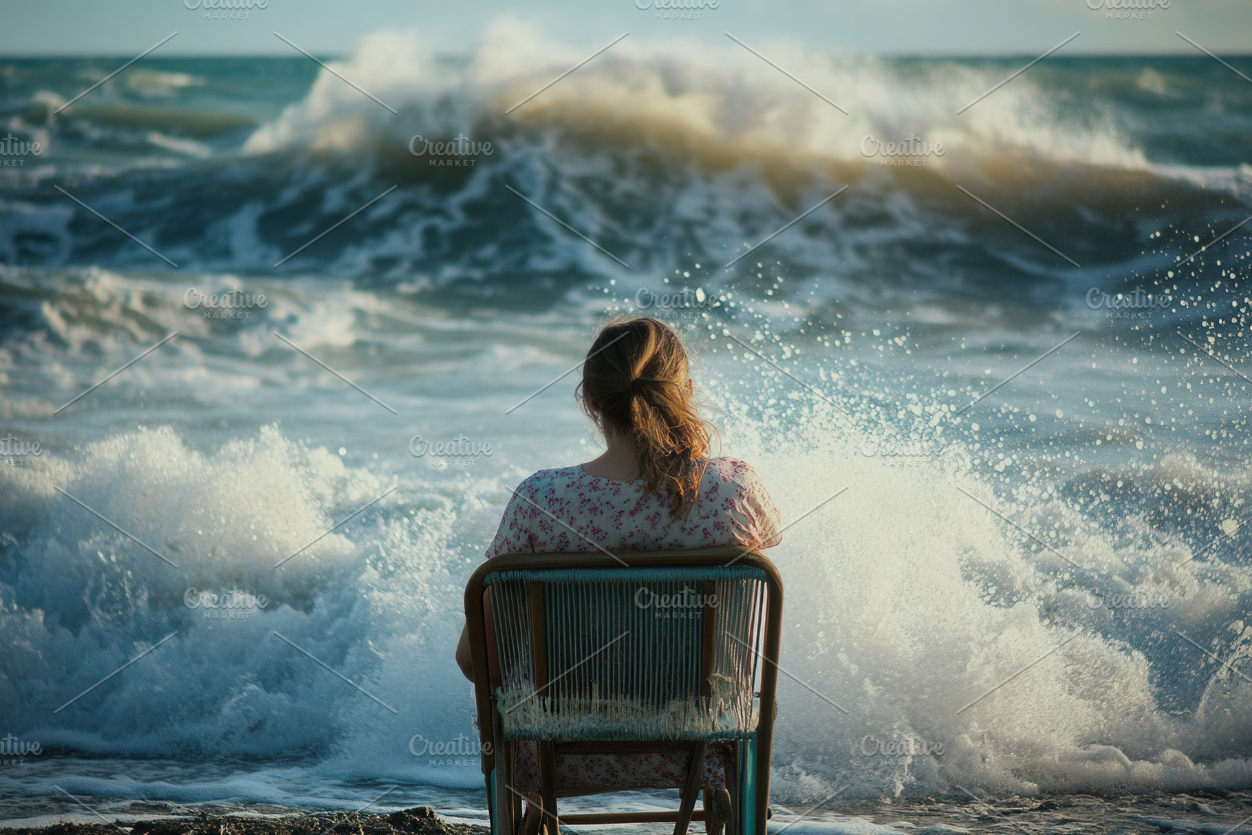A woman sits on a chair at the beach, a Photo by Pavel_design