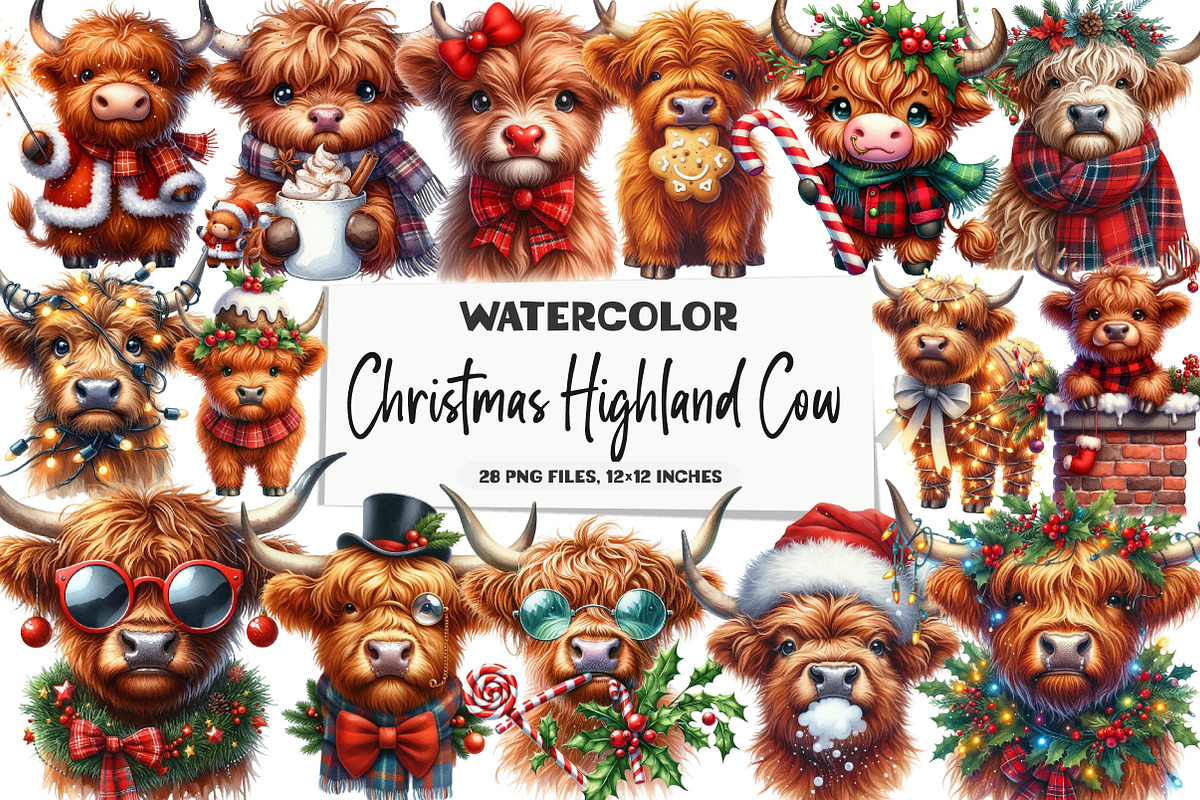 Christmas Highland Cow Clipart, an Illustration by DreamArtGraphic (Photo 1 of 5)