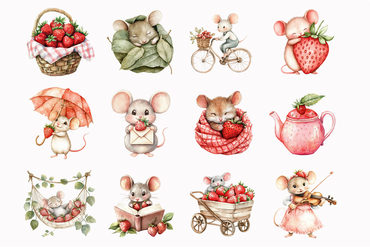 Watercolor Strawberry Mouse Clipart, an Illustration by Design Market (Photo 4 of 5)
