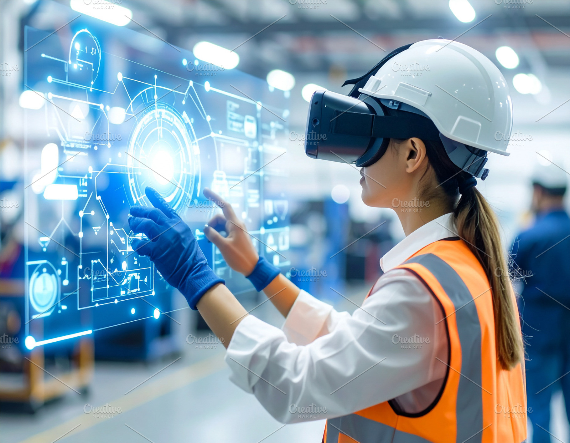 Factory technician wearing a sleek AR headset hand tapping a flo, a Technology Photo by DanFLCreativo