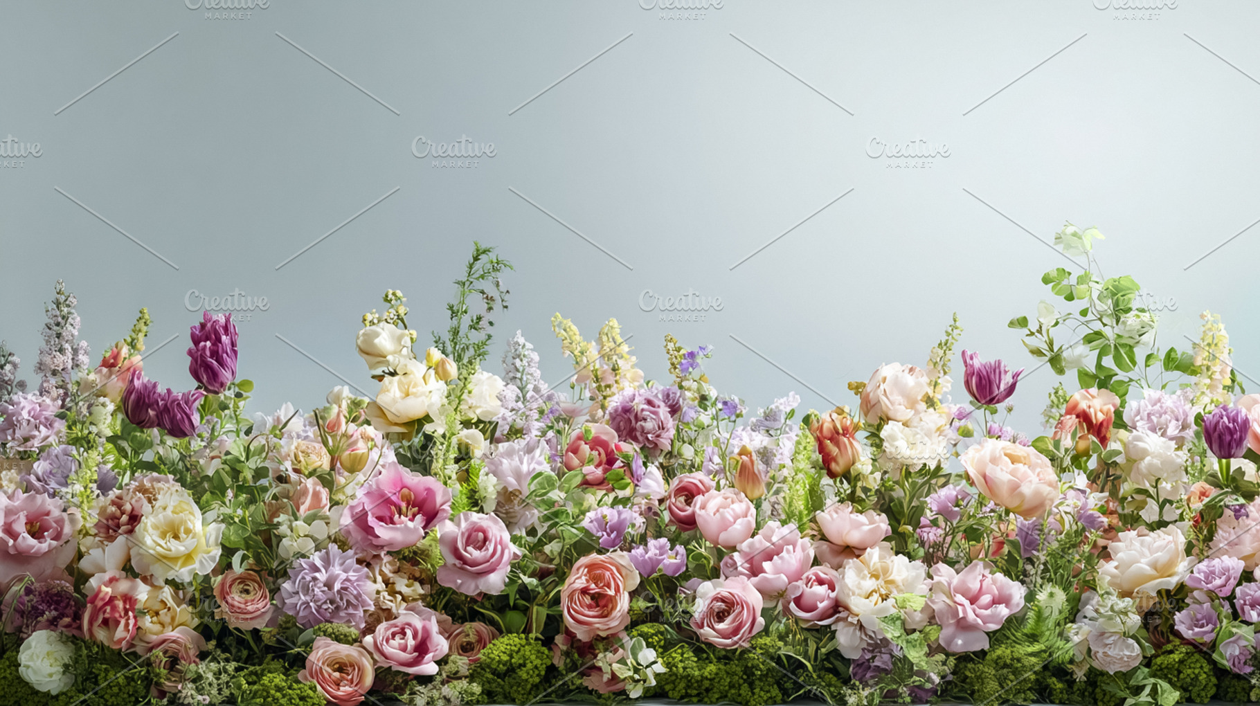 Vibrant spring floral border creating a pastel botanical backgro, a Photo by Studio ANNA