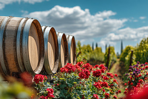 Barrels and flowers in a vineyard, a Photo by Beautiful things