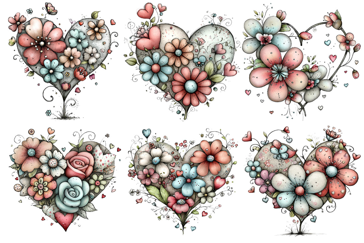 Whimsical Floral Hearts Clipart, an Illustration by Pixels.Craft (Photo 5 of 5)