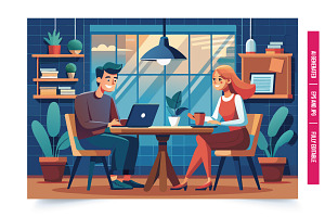 A man and a woman sit at a table in, an Illustration by Tanuart