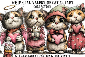 Whimsical Valentine Cat Clipart, an Illustration by OK Design