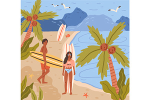 Surfers on sea beach in summer, a Person Illustration by Good Studio