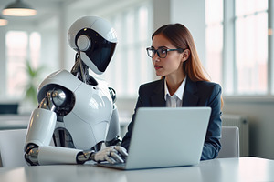 Businesswoman and robot collaboratin, a Technology Photo by Perpis