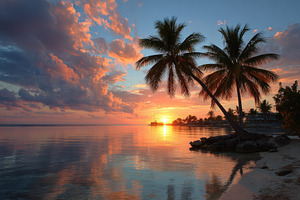 Tropical sunset palm trees ocean bea, a Photo by Pixeness Studio