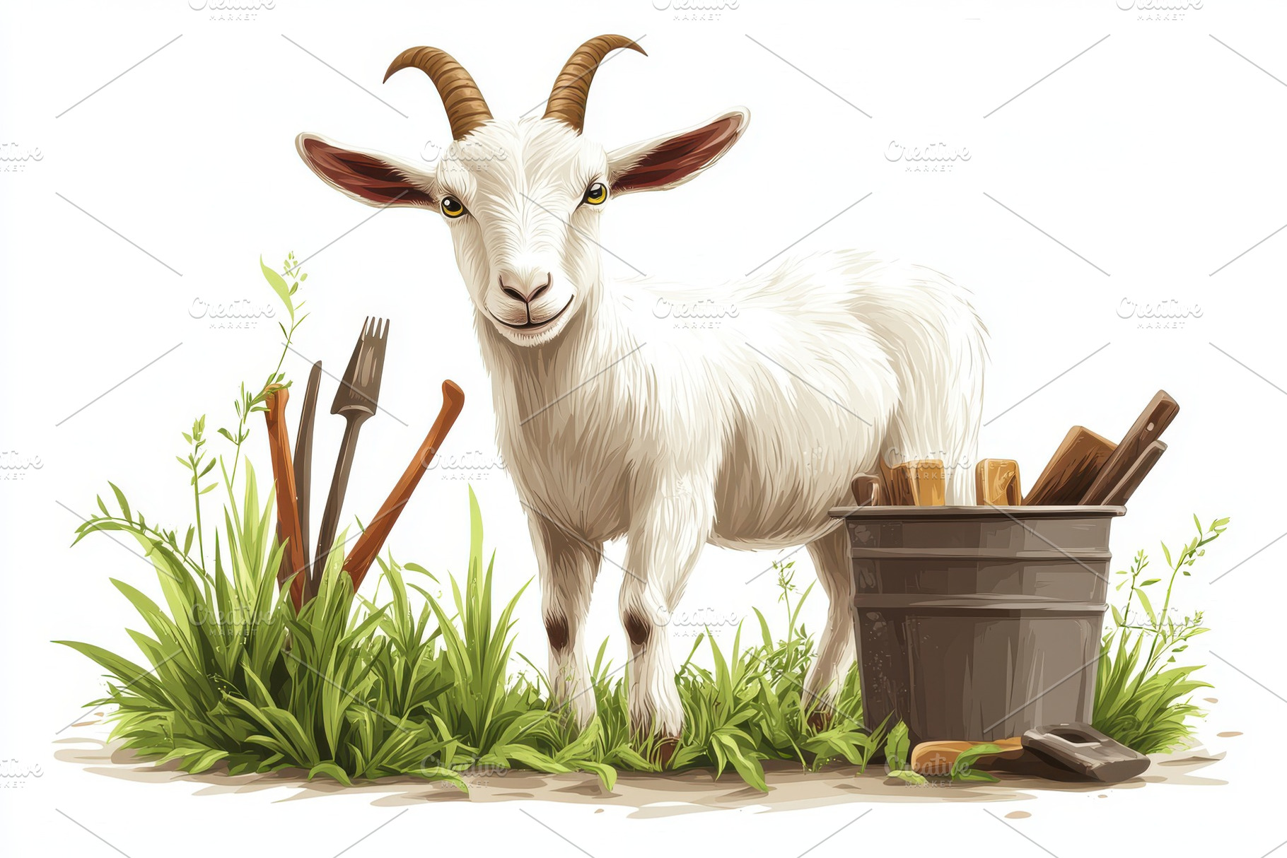 A charming white goat with curved ho, an Animal Photo by Pixeness Studio