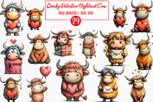 Quirky Valentine Highland Cow Clipar, an Illustration by Watercolor design