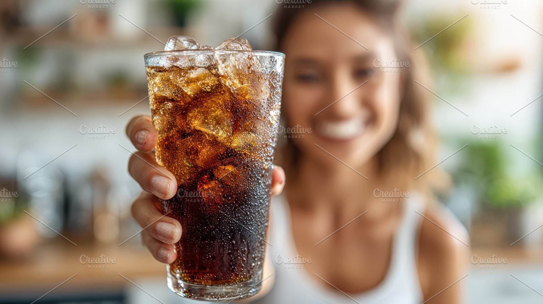 Woman holding refreshing iced cola d, a Photo by Pixeness Studio