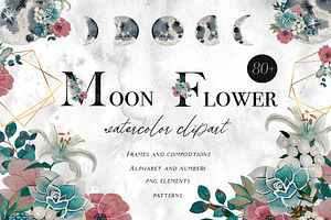 Moon & Flower Watercolor Clipart