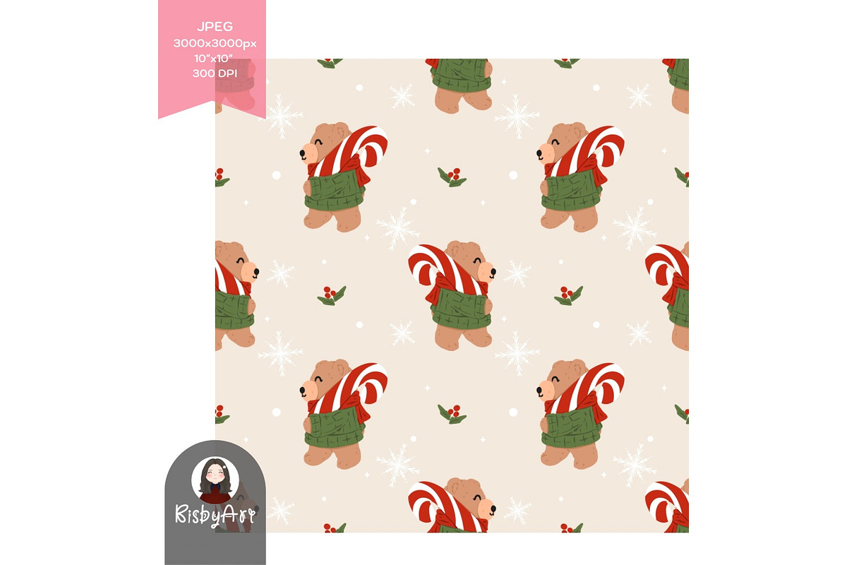 Christmas Bear Candy Cane Seamless, a Pattern Graphic by KisbyArt (Photo 2 of 3)