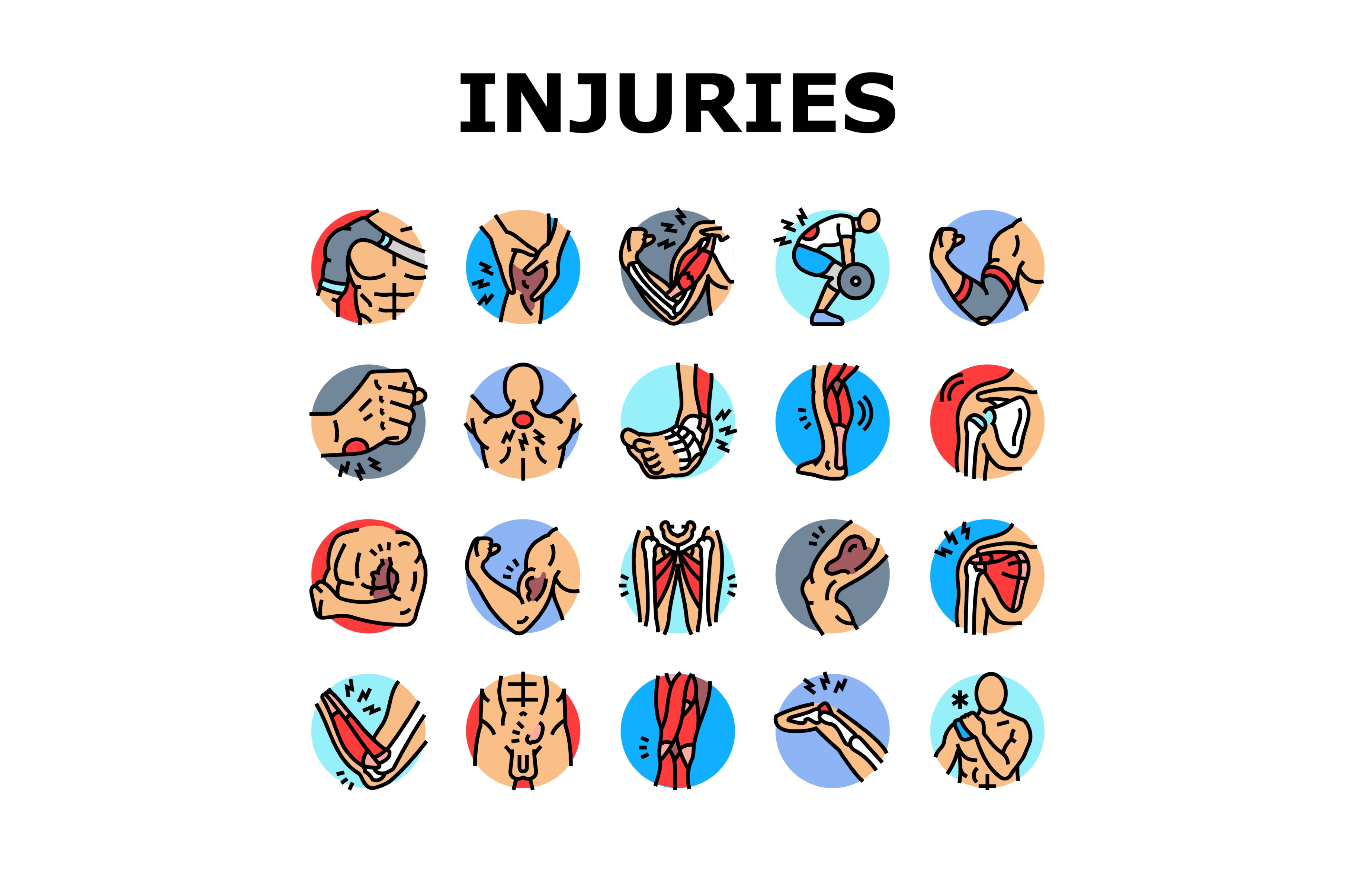bodybuilder injuries icons set, an Object Illustration by pikepicture