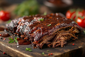 Succulent barbecue beef brisket on a rustic wooden cutting board, a Food & Drink Photo by ImageMir