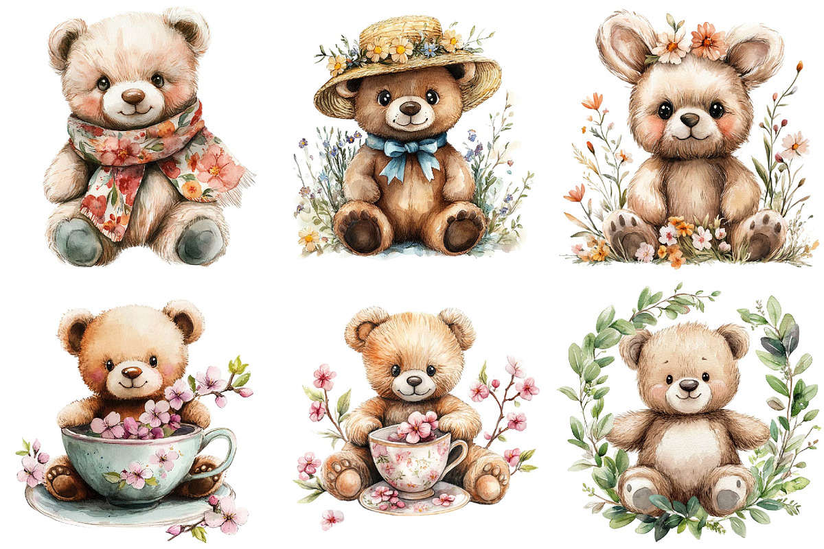 Watercolor Spring Teddy Bear Clipart, an Illustration by DreamPrint404 (Photo 5 of 7)