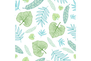 Vector Pastel Tropical Drawing Summer Hawaiian Seamless Pattern With Tropical Green Plants And Leaves On Navy Blue Background. Great For Vacation Them