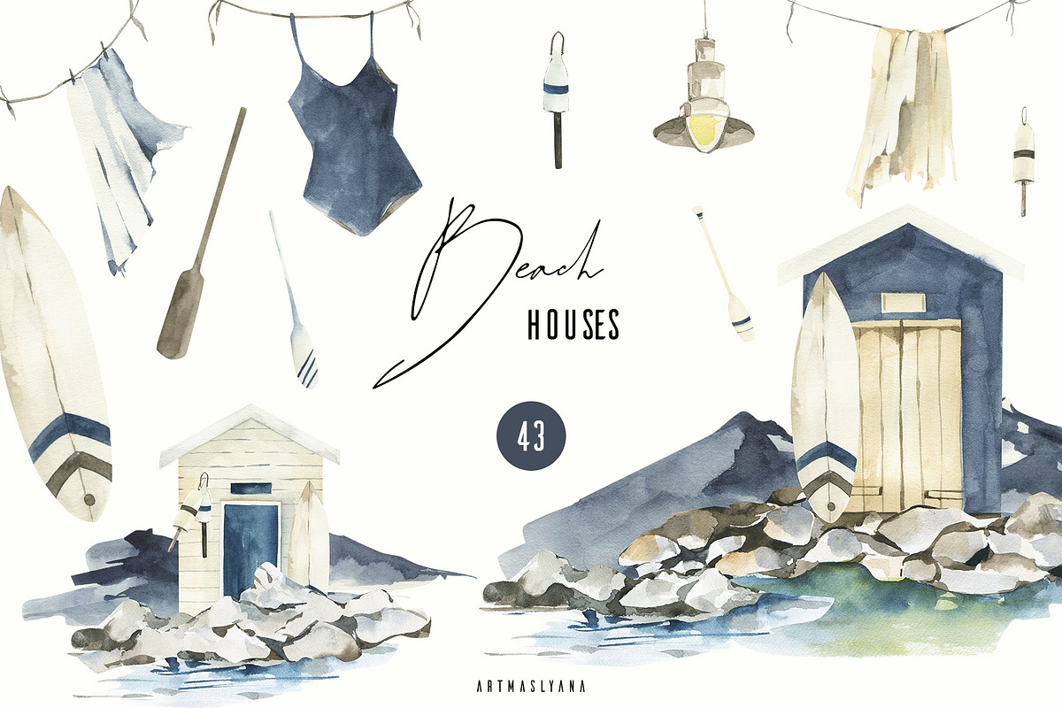 Watercolor Beach houses clipart., an Object Illustration by ArtMaslyana (Photo 1 of 8)