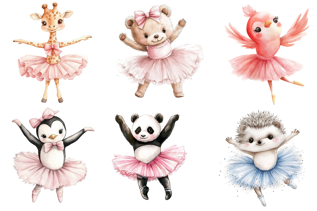 Cute Pink Ballerina Animals Clipart, an Illustration by Watercolor design (Photo 4 of 5)