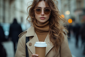 A stylish young woman with wavy hair enjoys coffee on a city street, exuding co, a Person Photo by ImageMir
