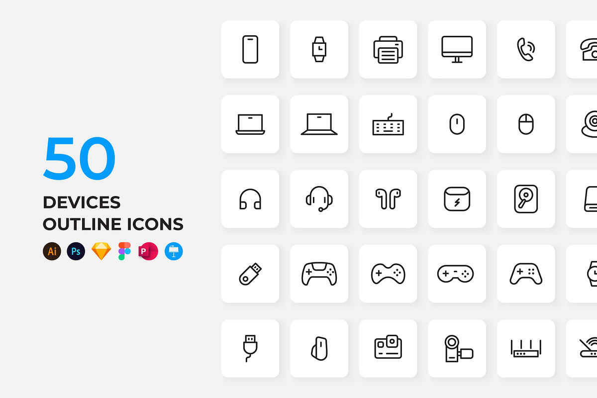 50 Devices and Gadget Outline Icons, an Outline Icon by Abert