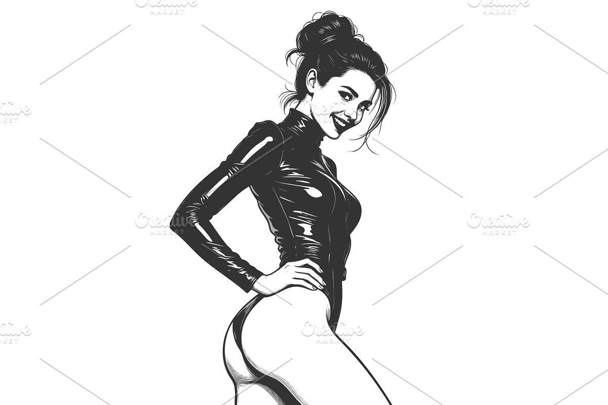 woman in black latex dress engraving, a Person Illustration by AlexArt