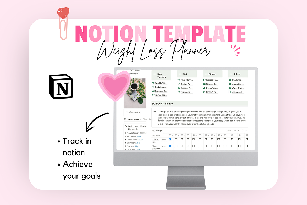Weight Loss Planner Notion Template, a Templates & Theme by bellaROSEworkshop (Photo 2 of 9)