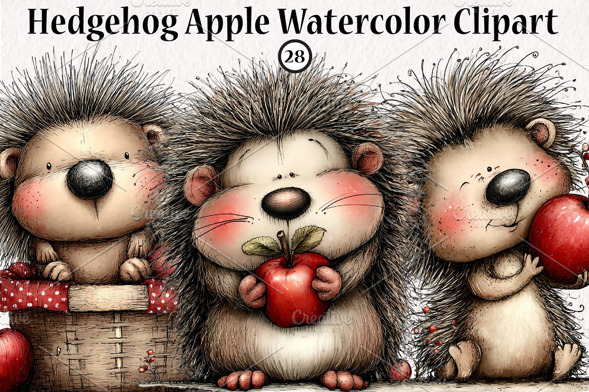 Hedgehog Apple Watercolor Clipart, a Seasonal Illustration by CreationArt (Photo 1 of 6)