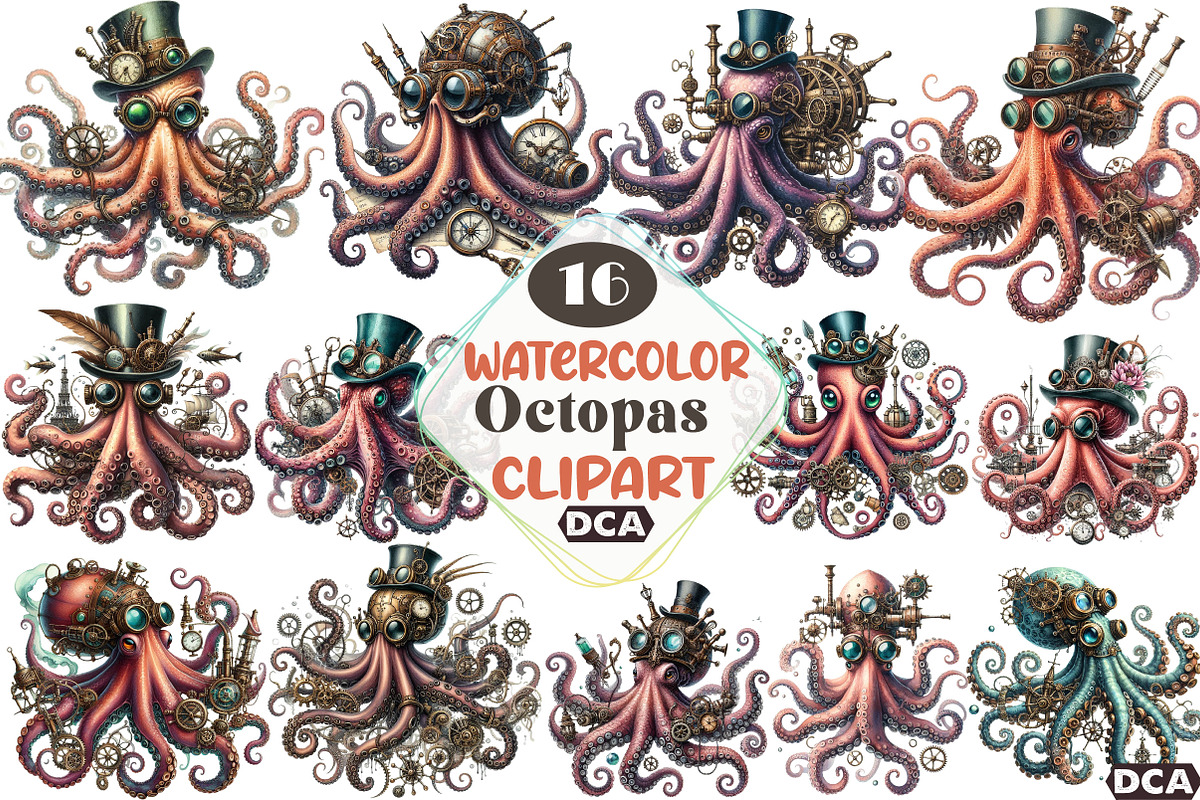 Watercolor Steampunk  Octopas, an Illustration by DreamCafeArt (Photo 1 of 7)