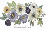 Watercolor Dusty Blue White Flowers, a Decorative Illustration by GraphicsDish (Thumbnail 1 of 4)