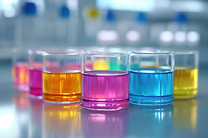 Laboratory glassware with liquids on blurred laboratory background, a Photo by AlyaAnd
