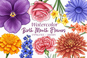 Watercolor Birth Month Flowers Clipa, an Illustration by Libby Wishes (Thumbnail 1 of 6)
