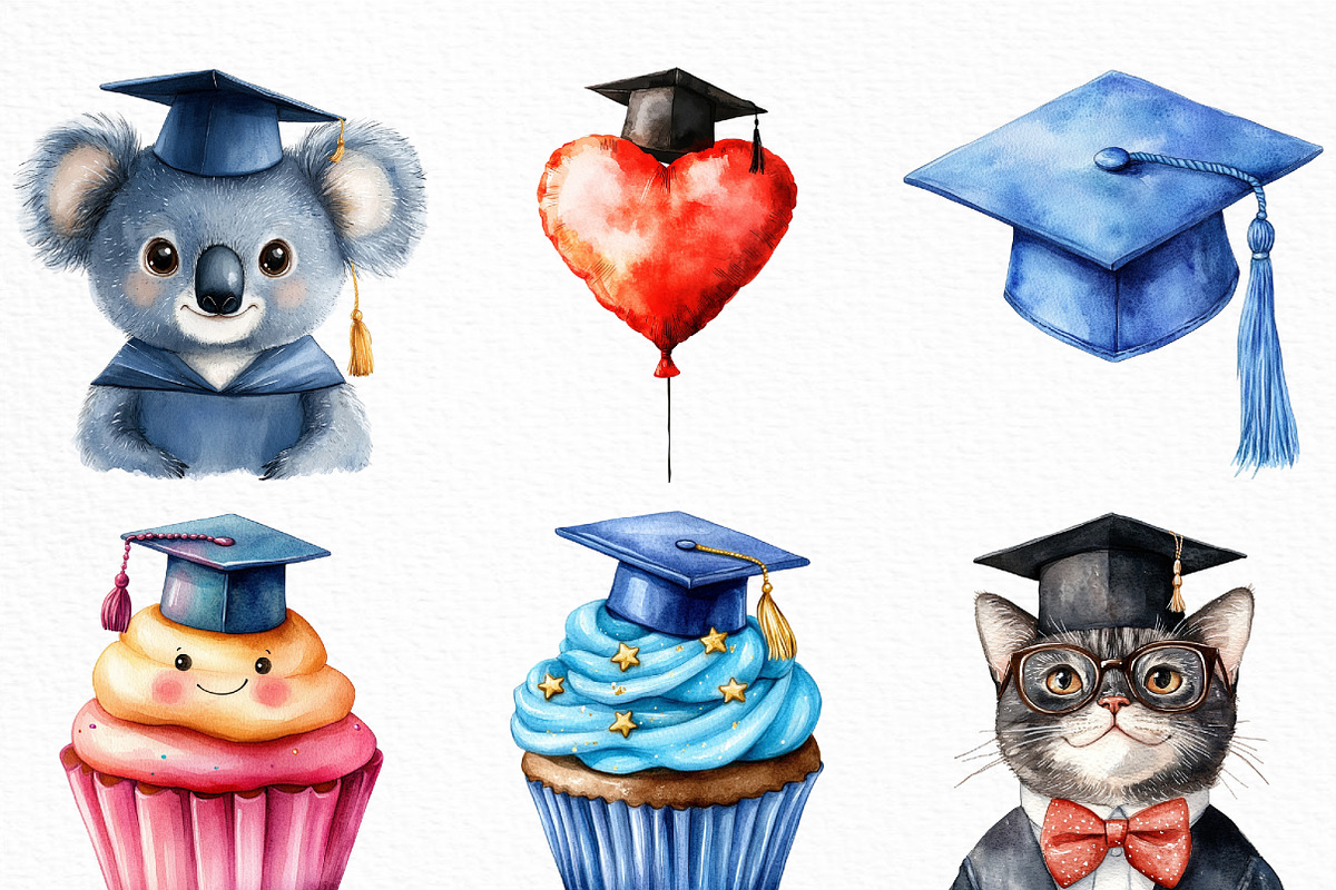 Watercolor Cute Graduation Clipart, an Illustration by Craft Nest (Photo 2 of 6)