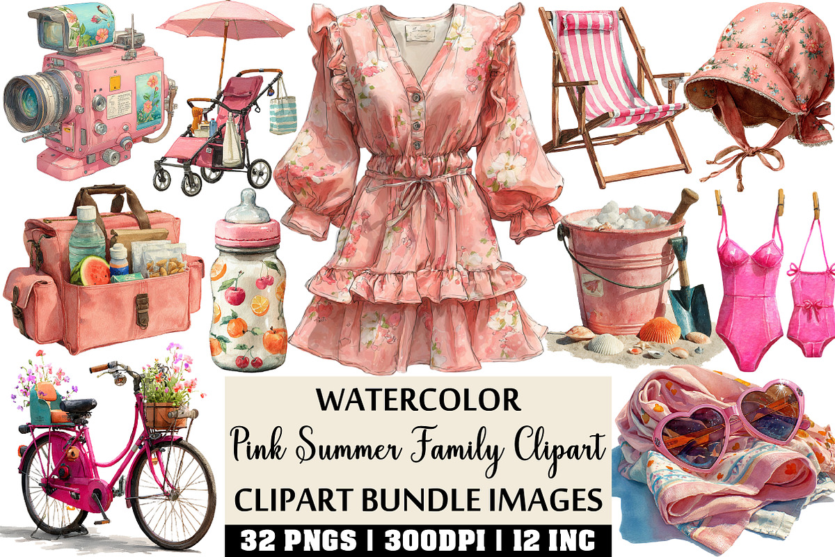 Pink Summer Family Watercolor PNG, an Illustration by Craft Nest (Photo 1 of 4)