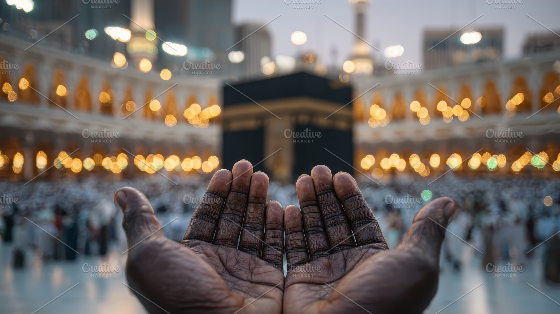 Raised hands in prayer at Mecca Kaab, a Photo by Pixeness Studio