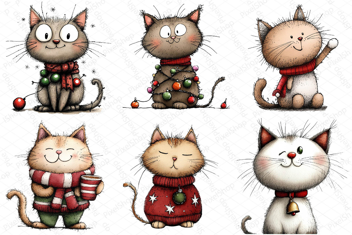 Watercolor Christmas Cats Clipart, an Illustration by DreamPrint404 (Photo 2 of 7)