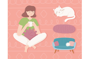 cartoon woman comfy home, an Object Illustration by studiogstock