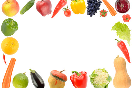 Frame of fresh healthy vegetables and fruits isolated on white