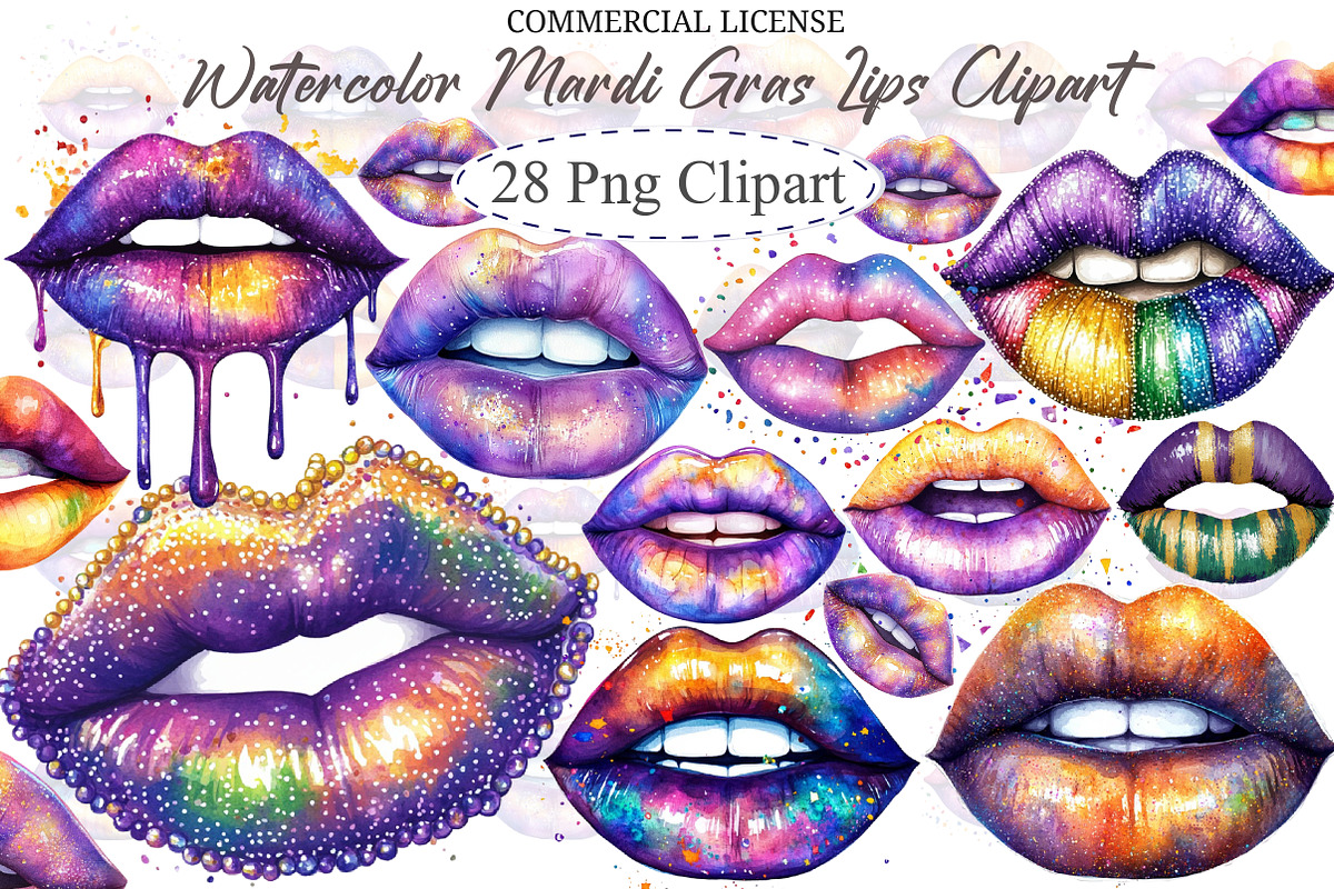 Watercolor Mardi Gras Lips Clipart, an Illustration by designcity5 (Photo 1 of 5)