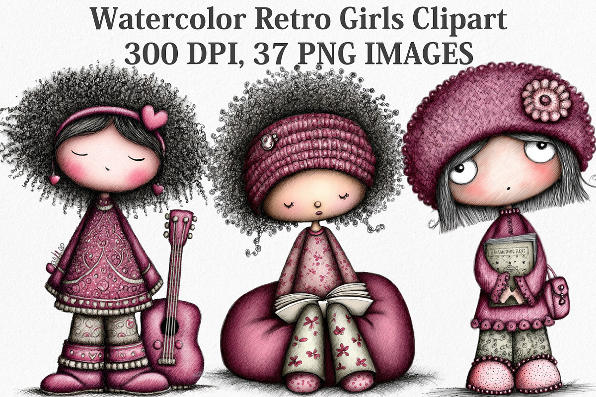 Watercolor Retro Girls Clipart, an Illustration by Canvas Craft (Photo 1 of 7)