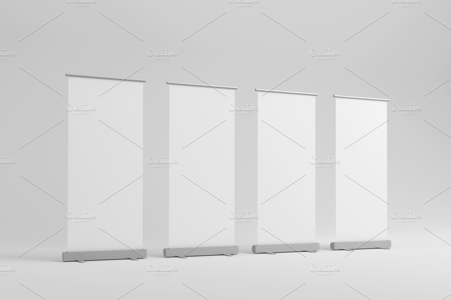 Set of blank roll-up, pop-up or pull-up banner stands. 3d render, a Business Photo by RF Images