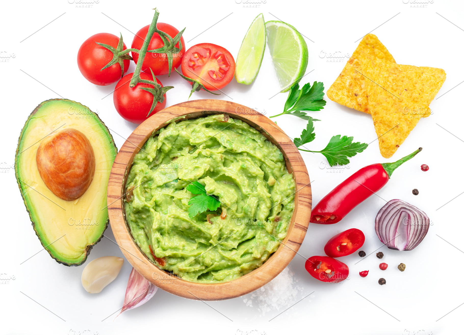 Guacamole and guacamole sauce ingredients isolated on white back, a Food & Drink Photo by Volff