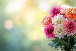 Colorful bouquet of pink, orange, and white dahlias in a soft garden background, a Nature Photo by AlyaAnd
