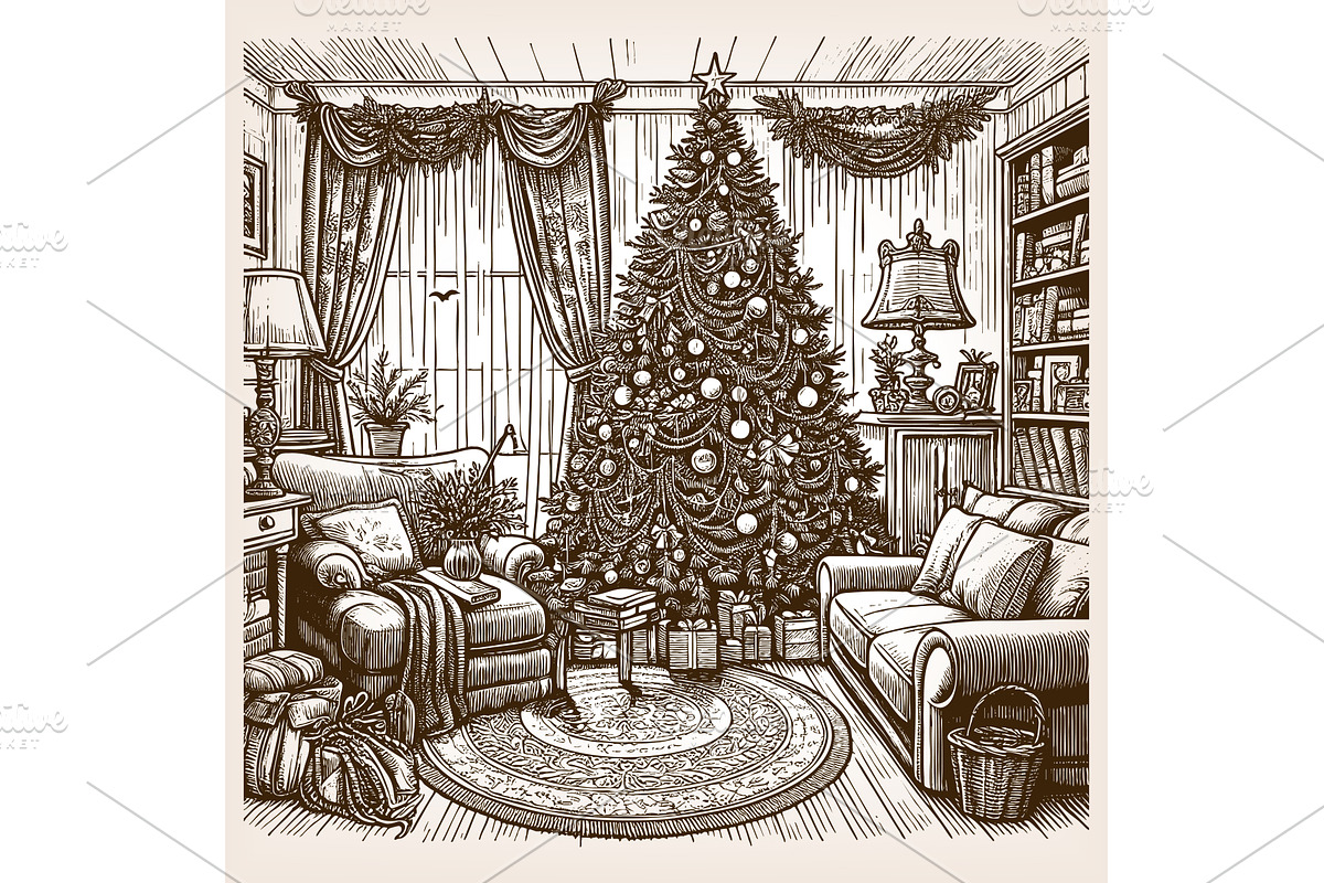 cozy Christmas living room vector, an Illustration by AlexArt