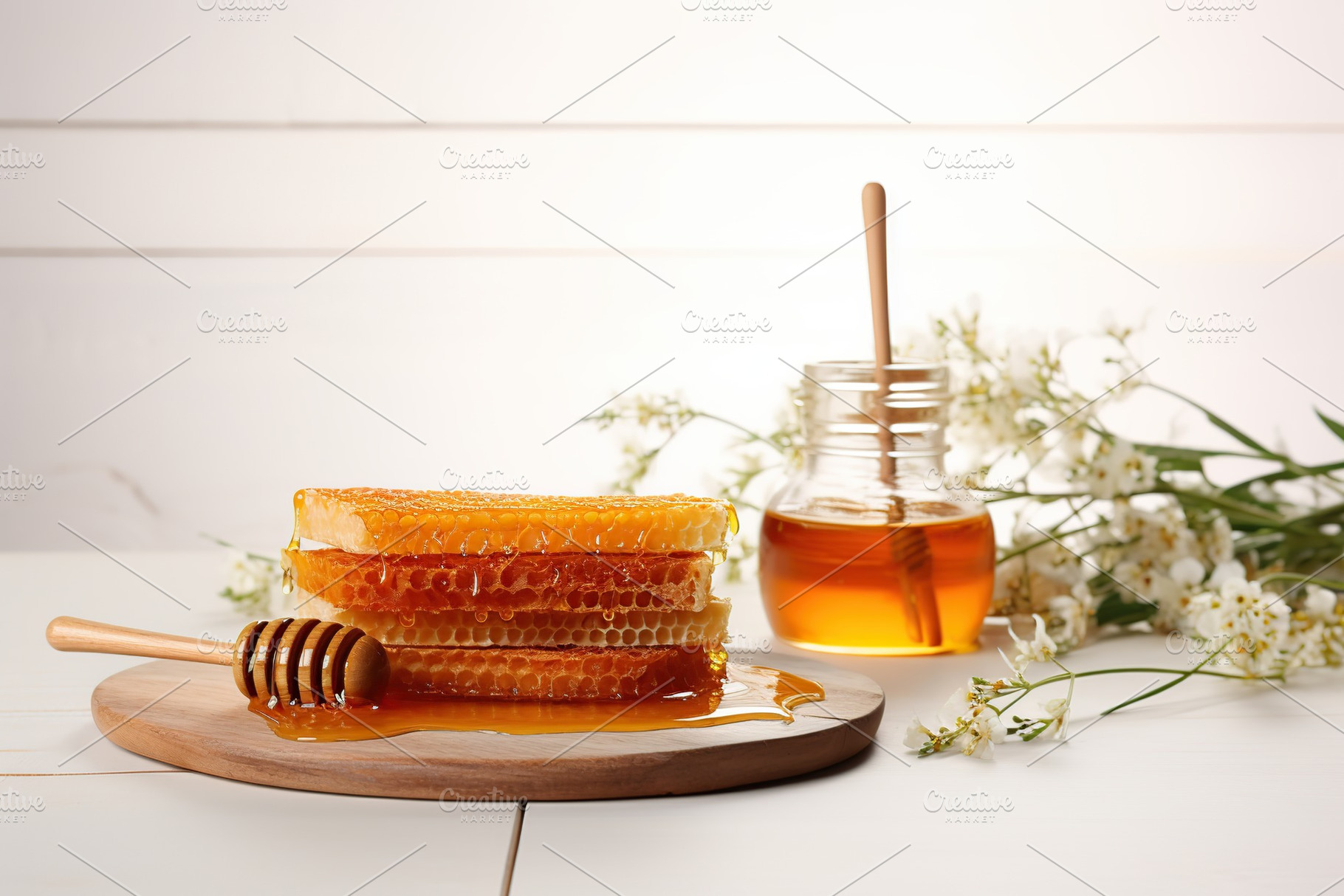 Honeycomb with honey and honey dipper on wooden background, a Food & Drink Photo by AlyaAnd