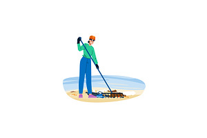 Volunteer cleaning beach using rake, an Illustration by pikepicture
