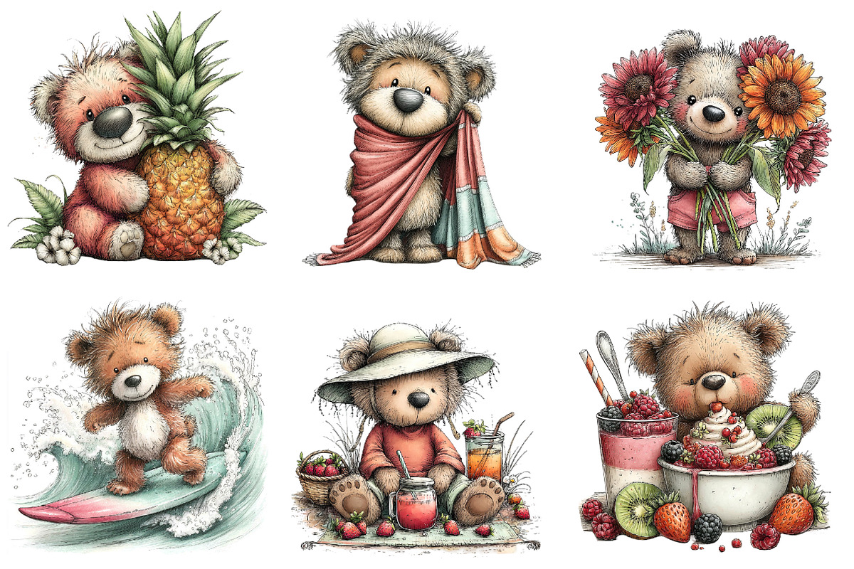 Whimsical Summer Teddy Bear Clipart, an Illustration by Dream Creation (Photo 3 of 6)