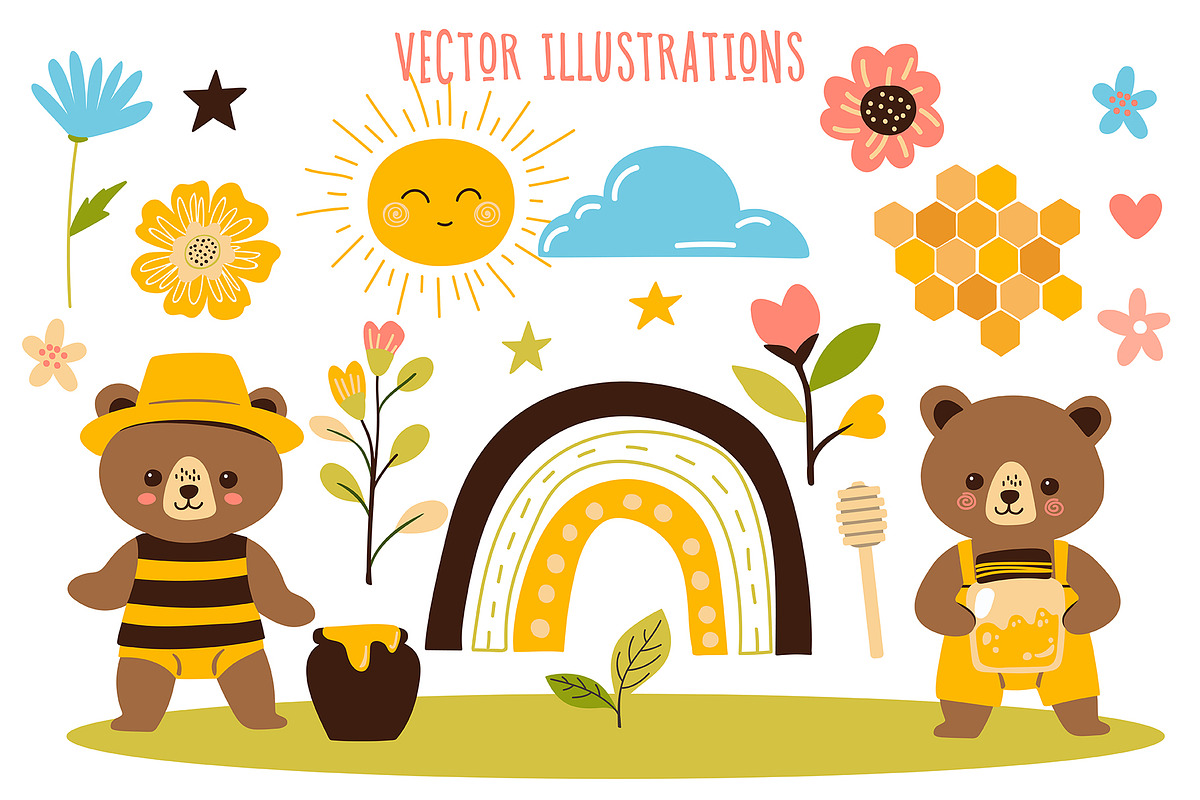 Bees, Honey Cartoon Vector Set, an Object Illustration by Elena Dorosh (Photo 3 of 14)