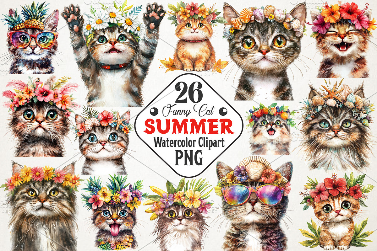 Funny Summer Cat Watercolor Clipart, an Illustration by RobertsArt (Photo 1 of 7)