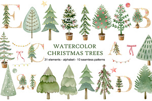 Watercolor Christmas trees clipart.